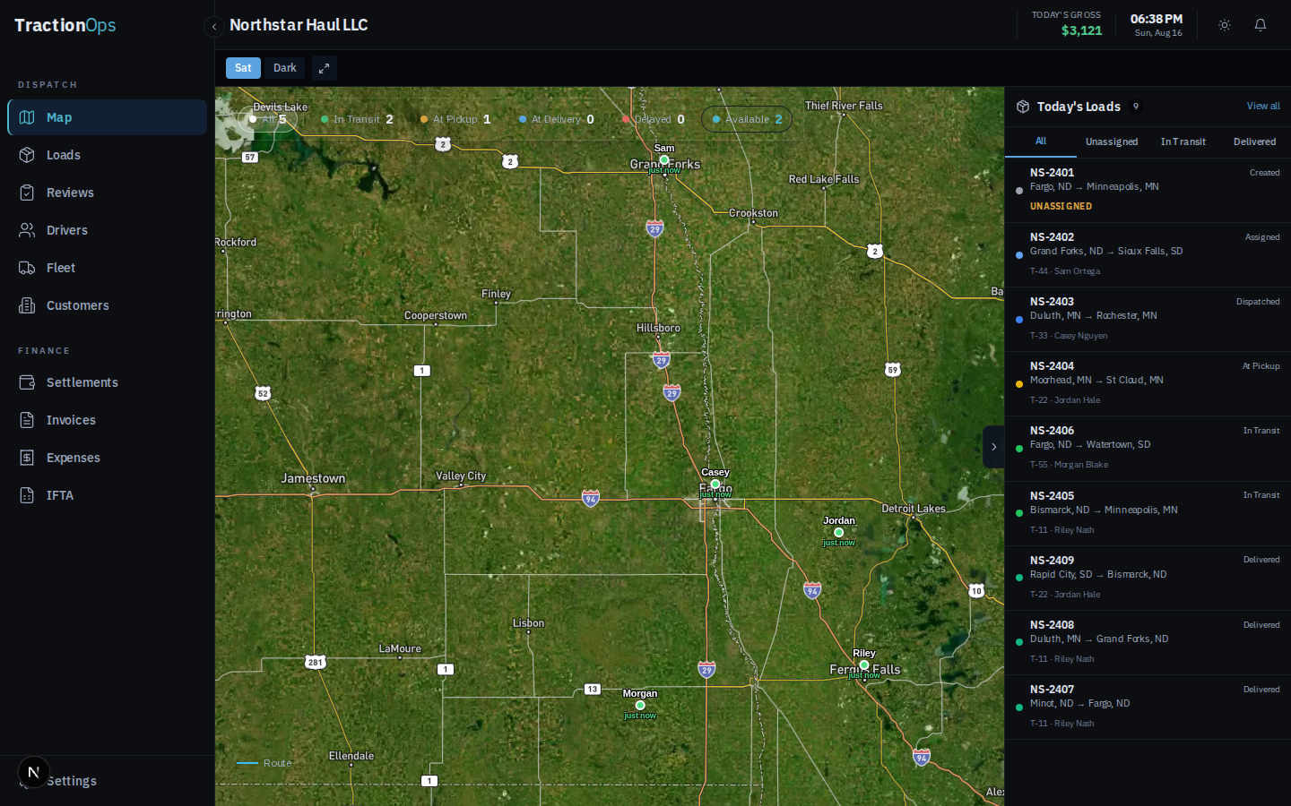 Live map with trucks on satellite and today's loads panel
